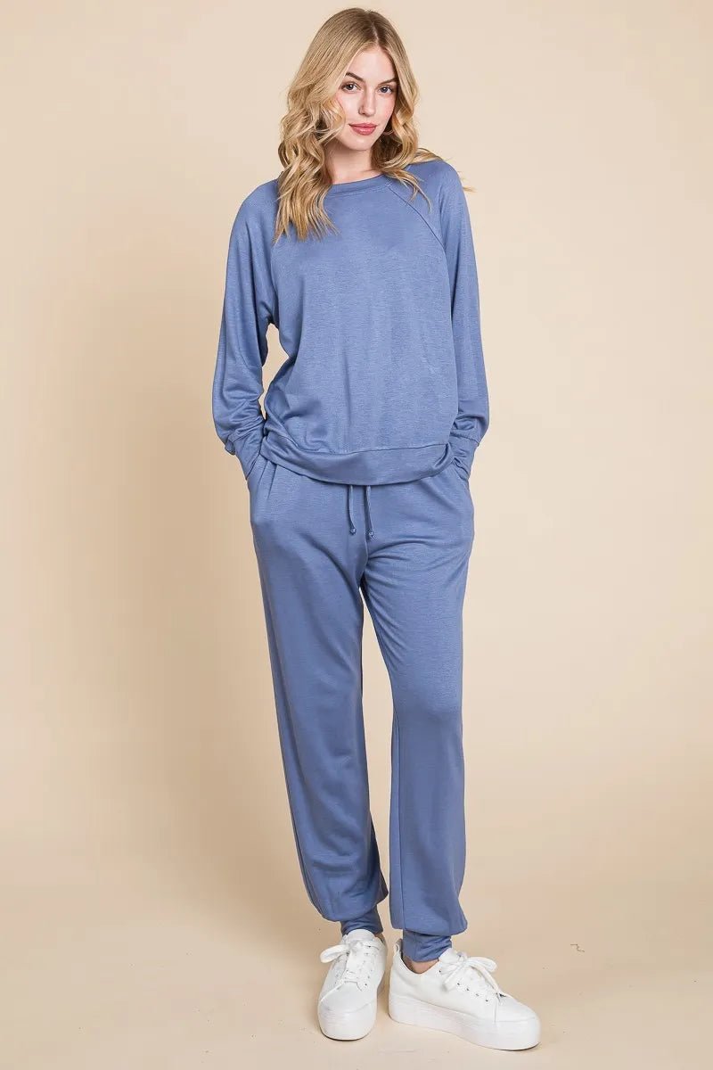 Super Lady Round Neck Raglan Sleeve Top and Pants Lounge Set in soft stretch fabric — perfect for relaxed at-home wear