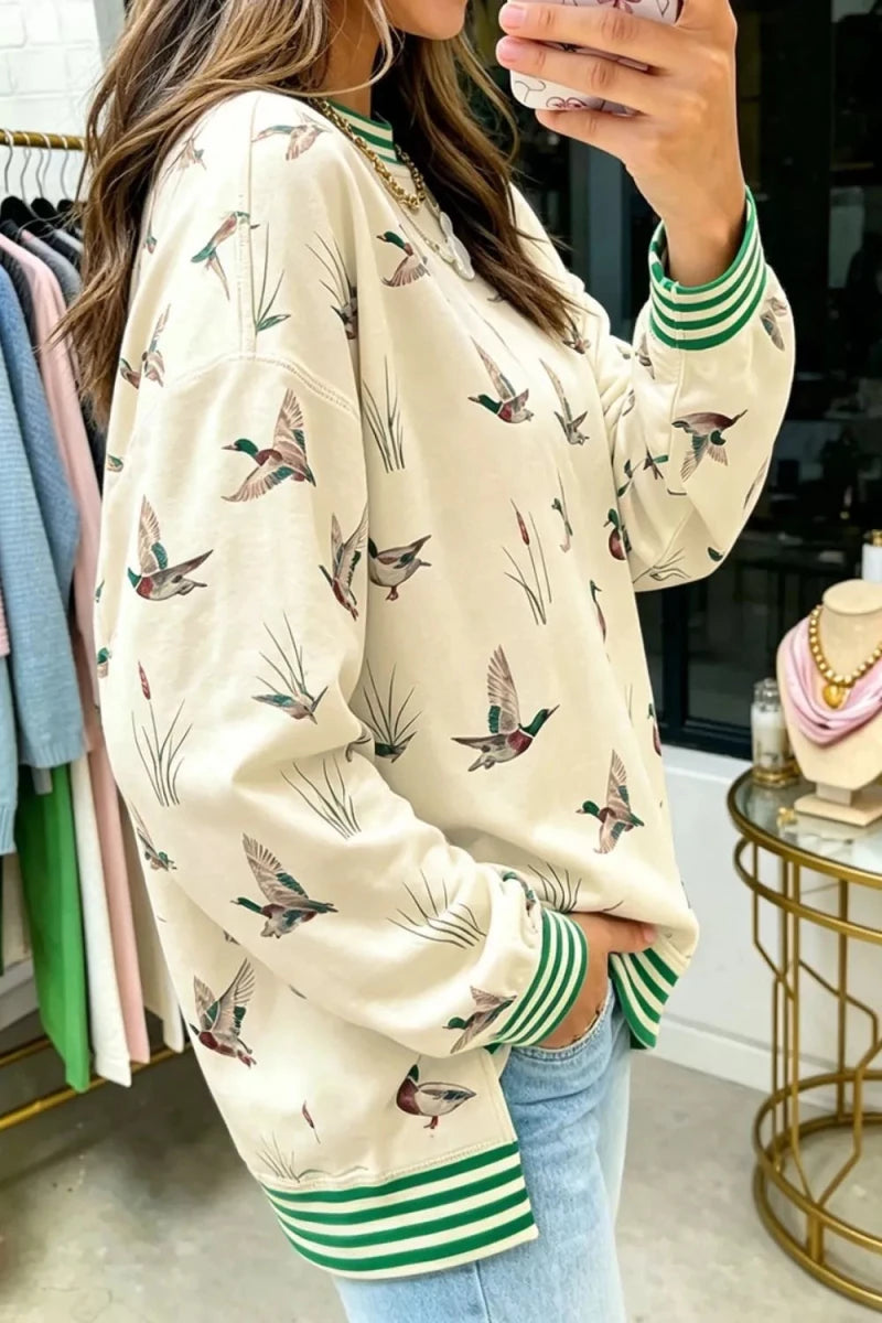 SYNZ Whimsical Duck Print Sweatshirt with Striped Trim - WowStore.live