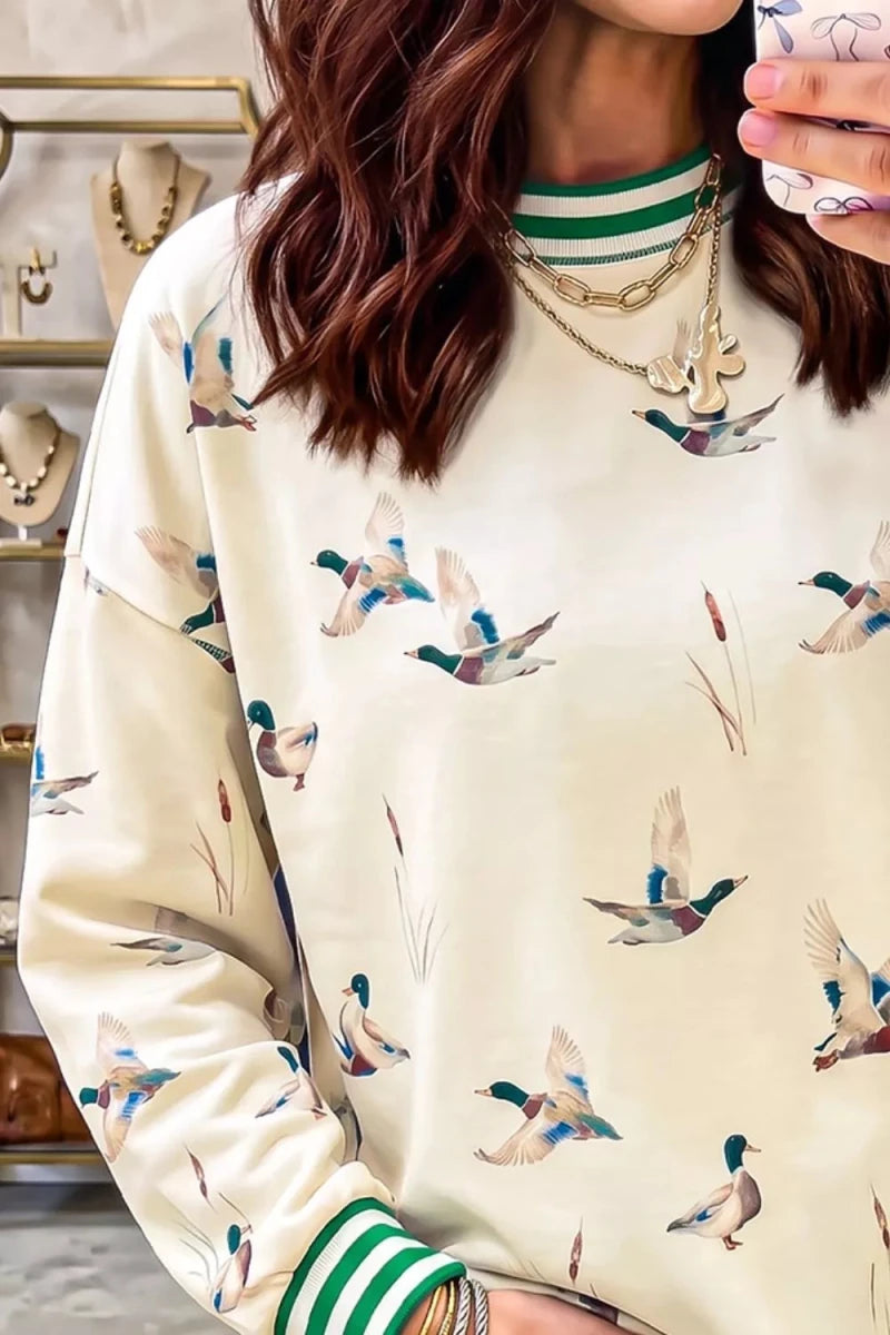 SYNZ Whimsical Duck Print Sweatshirt with Striped Trim - WowStore.live