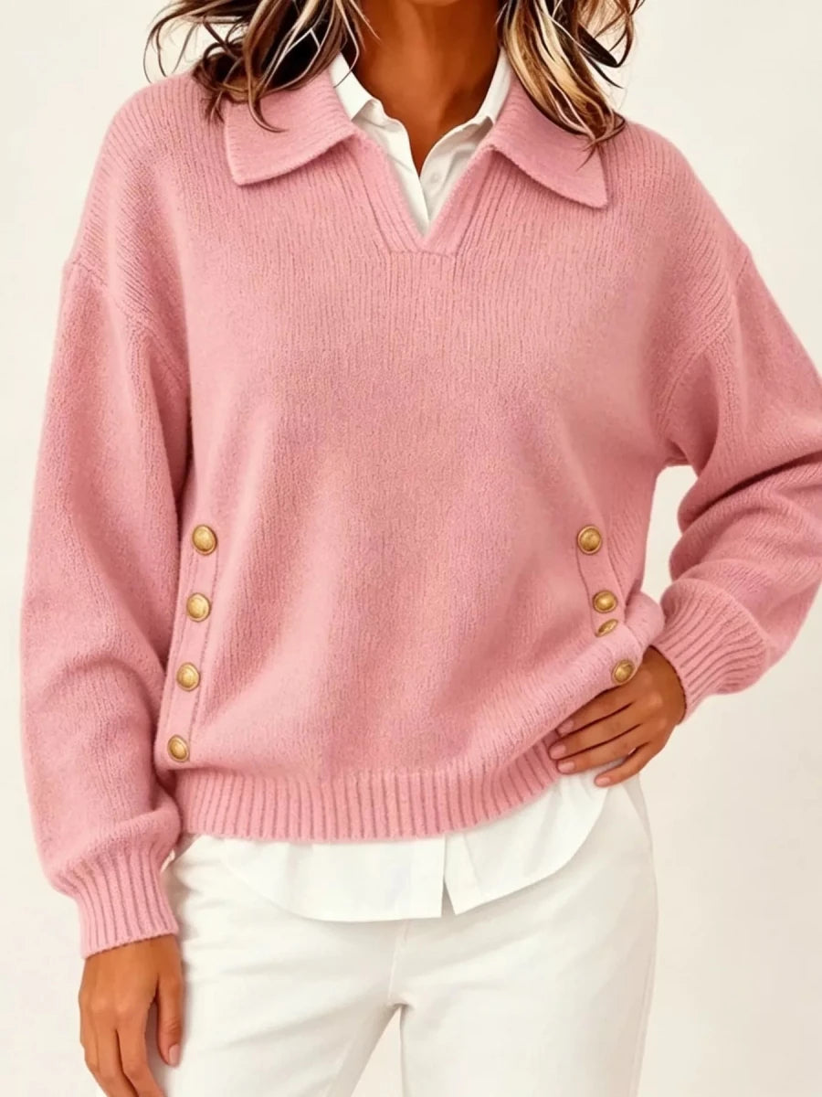 Tarro Clothing Chic Collared Decor-Button Sweater - WowStore.live
