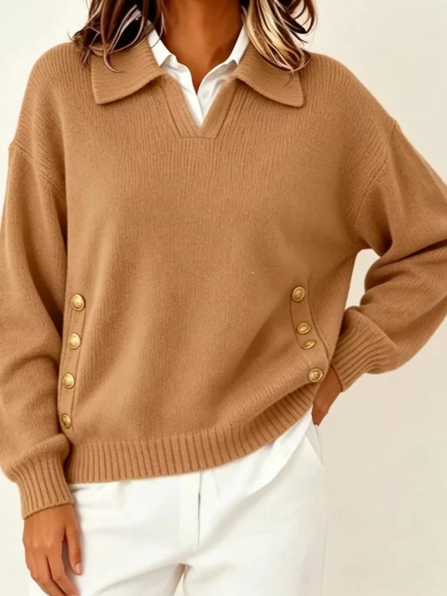 Tarro Clothing Chic Collared Decor-Button Sweater - WowStore.live