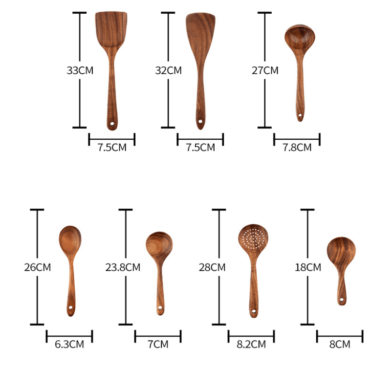 Teak wood handle non-stick cookware set with 7 pieces including pots and pans on kitchen counter