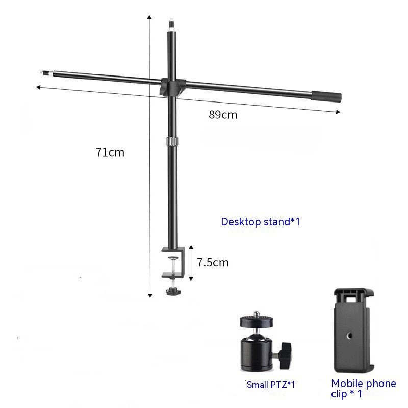 Tekening van het bureaustatief met dwarsarm van 89 cm, 71 cm hoogte en klem van 7,5 cm, plus balhoofd en telefoonklem