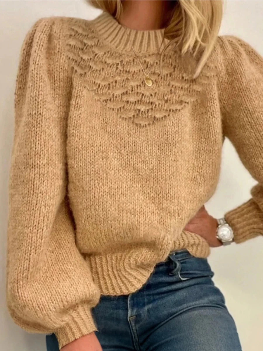 Textured Knit Round Neck Long Sleeve Sweater - Wow Store