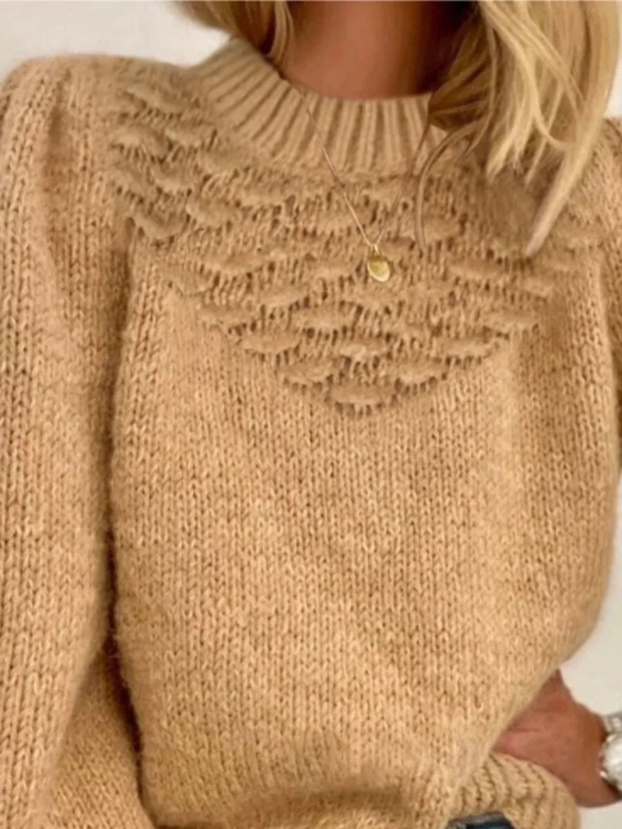 Textured Knit Round Neck Long Sleeve Sweater - Wow Store