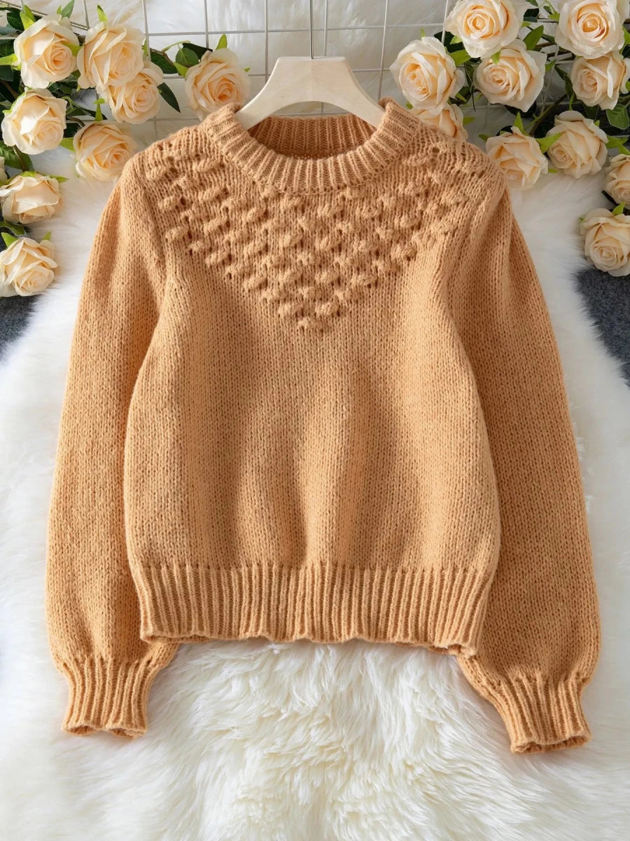 Textured Knit Round Neck Long Sleeve Sweater - Wow Store