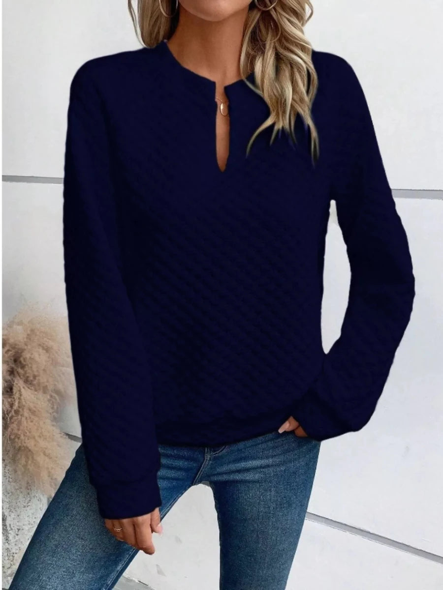 Textured Notched Long Sleeve Sweatshirt - Wow Store