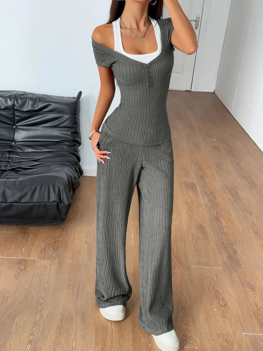 Textured Short Sleeve Top and Pants Set - Wow Store