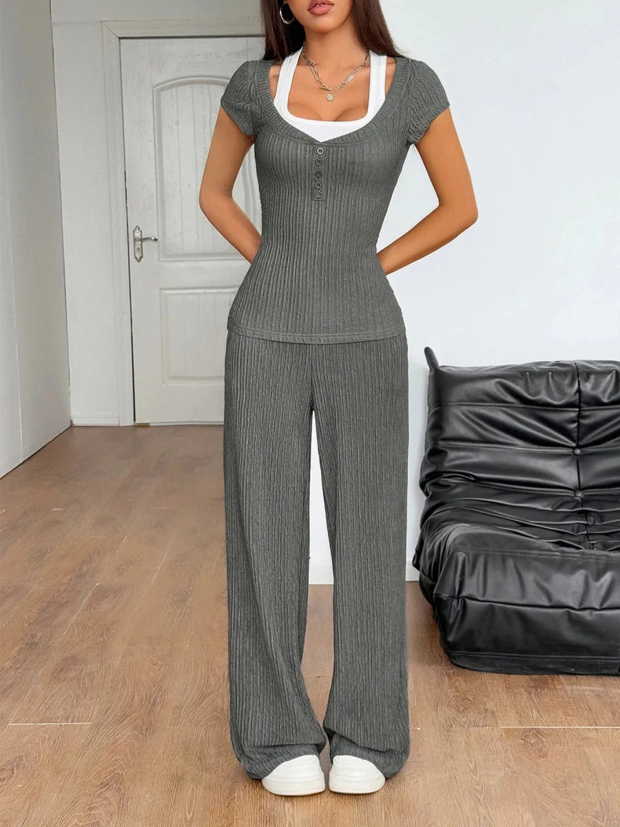 Textured Short Sleeve Top and Pants Set - Wow Store