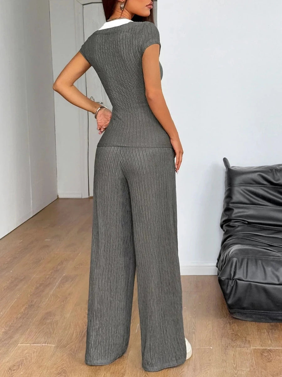 Textured Short Sleeve Top and Pants Set - Wow Store