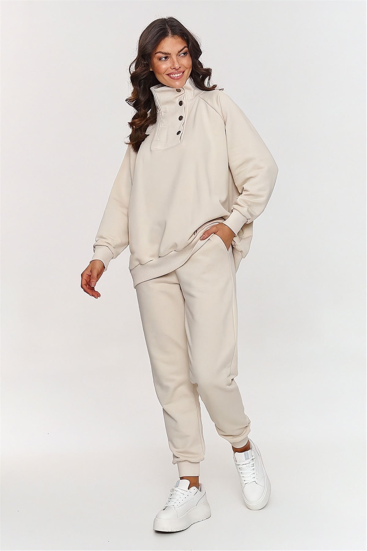 Ivory Button-Up Funnel-Neck Top & Cuffed-Hem Joggers Two-Piece Set in off white