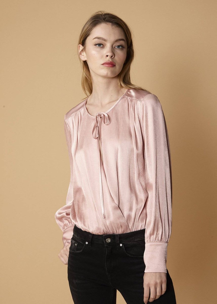 Tie - Neck Long Sleeve Bodysuit in Fall Pink - Wow Store