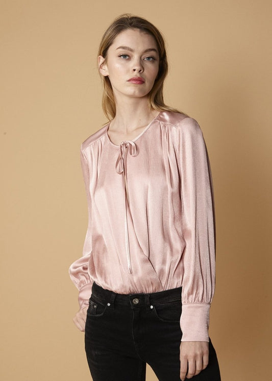 Tie - Neck Long Sleeve Bodysuit in Fall Pink - Wow Store