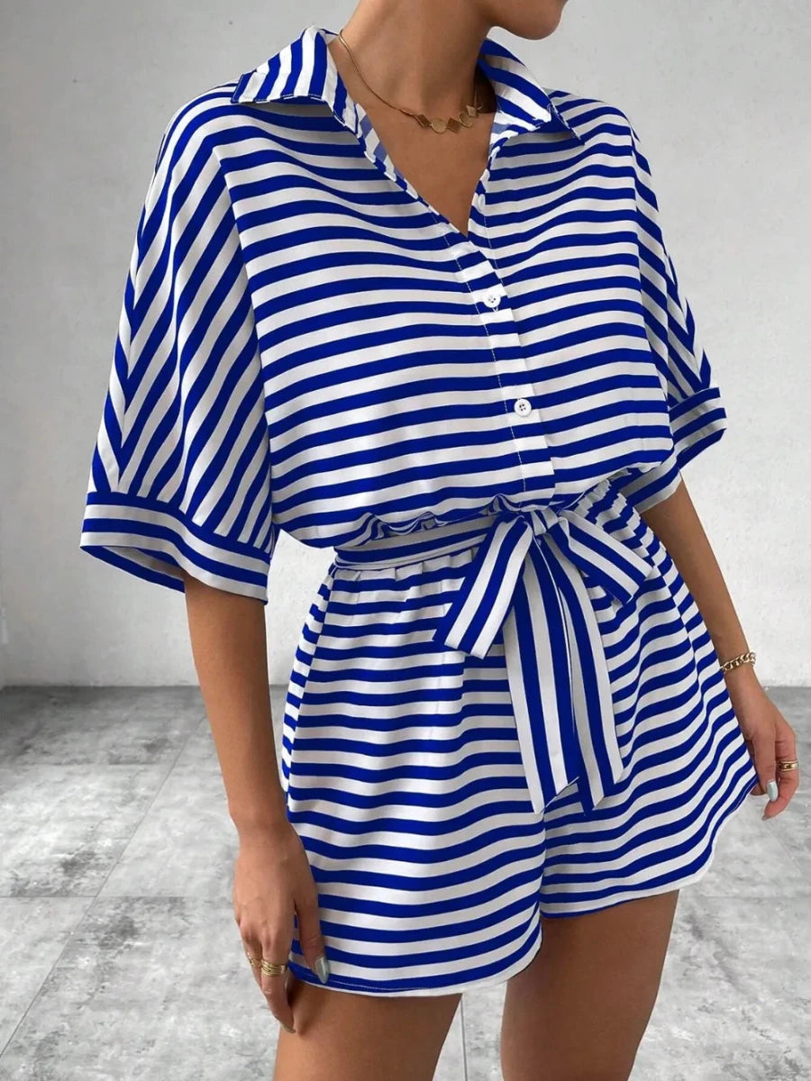 Tie Waist Half Button Striped Romper - Wow Store