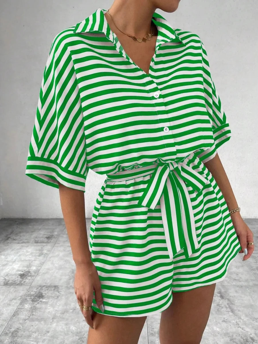 Tie Waist Half Button Striped Romper - Wow Store