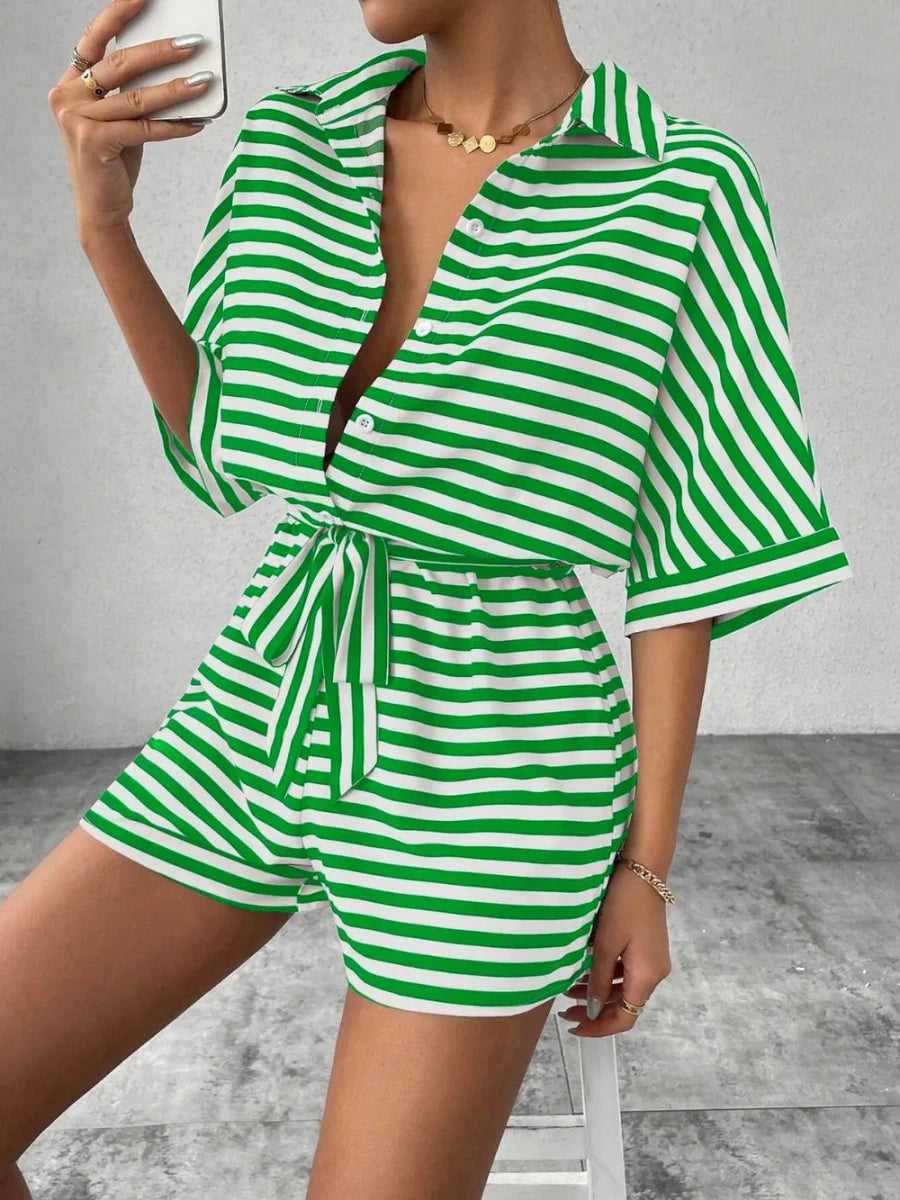 Tie Waist Half Button Striped Romper - Wow Store