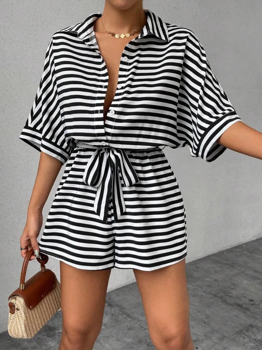 Tie Waist Half Button Striped Romper - Wow Store