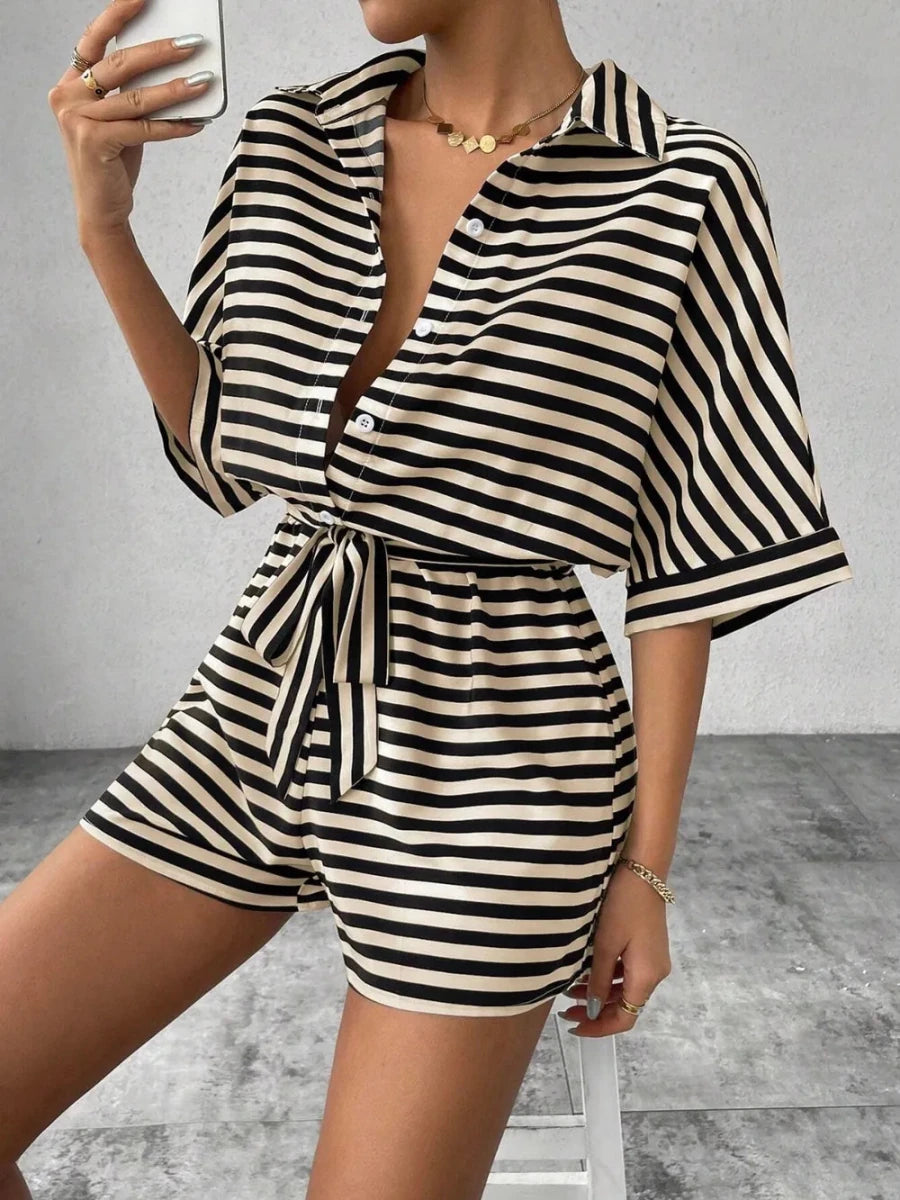 Tie Waist Half Button Striped Romper - Wow Store