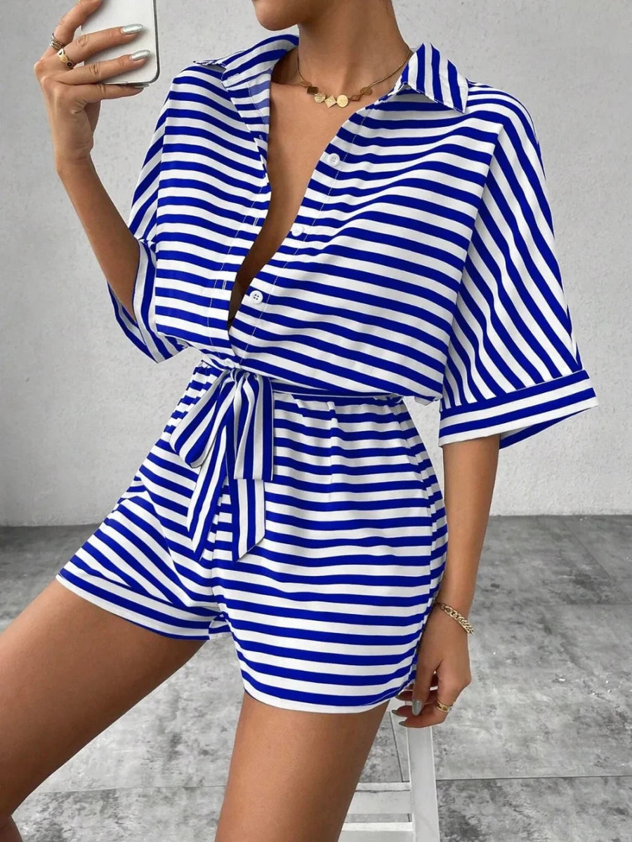 Tie Waist Half Button Striped Romper - Wow Store
