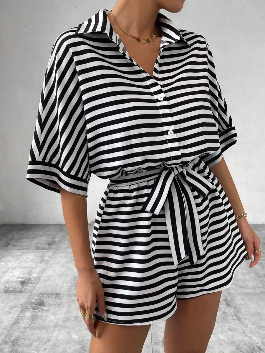Tie Waist Half Button Striped Romper - Wow Store