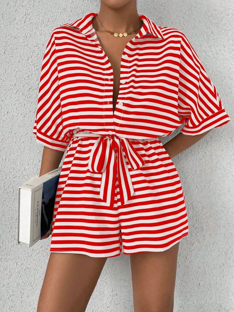 Tie Waist Half Button Striped Romper - Wow Store