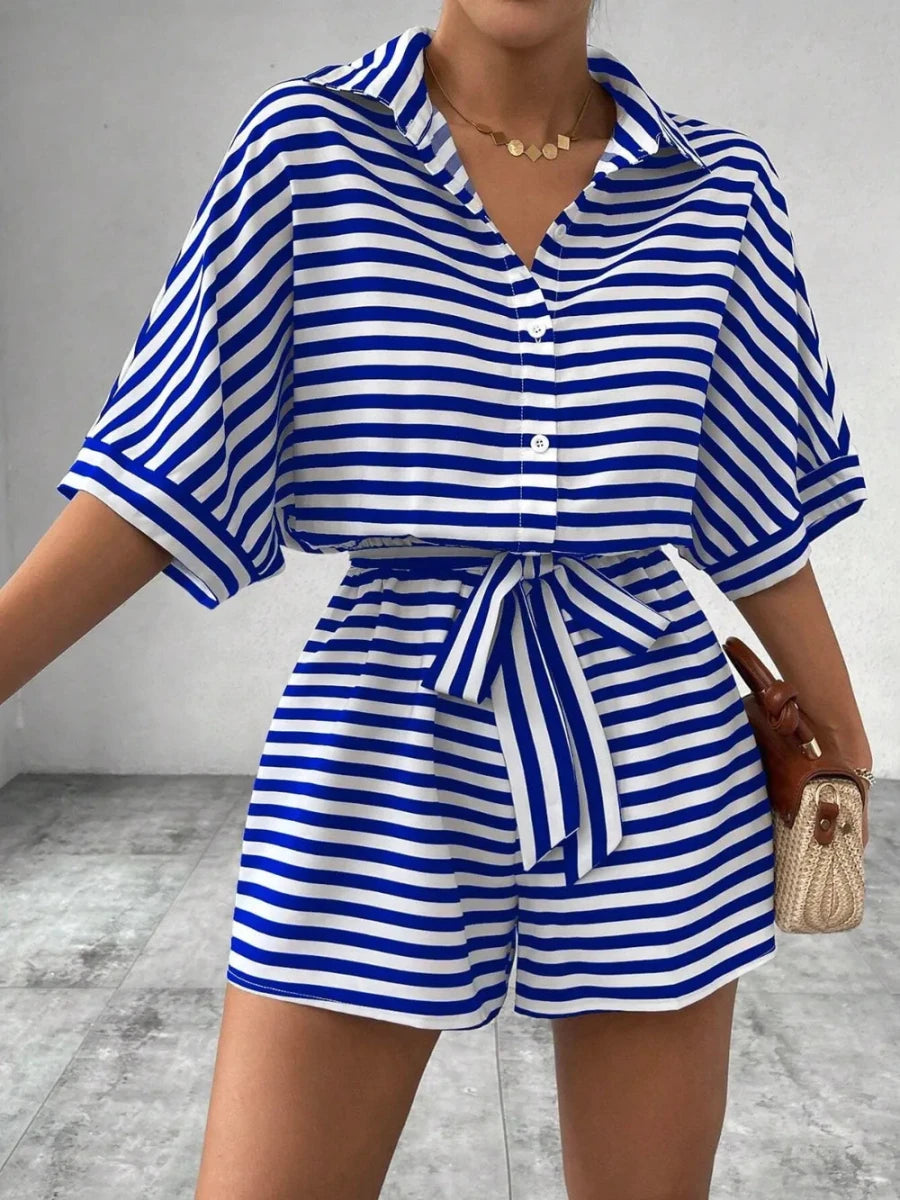 Tie Waist Half Button Striped Romper - Wow Store