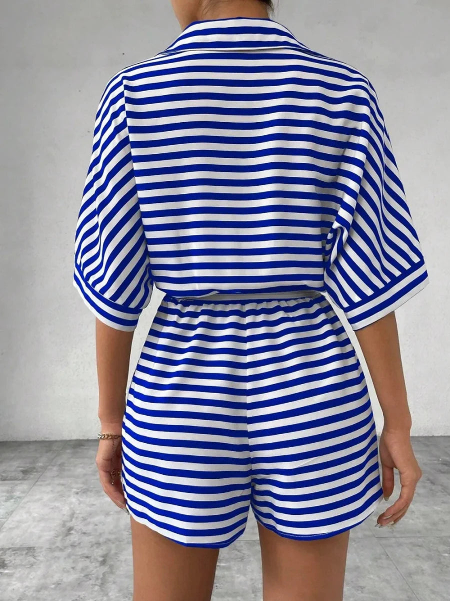 Tie Waist Half Button Striped Romper - Wow Store