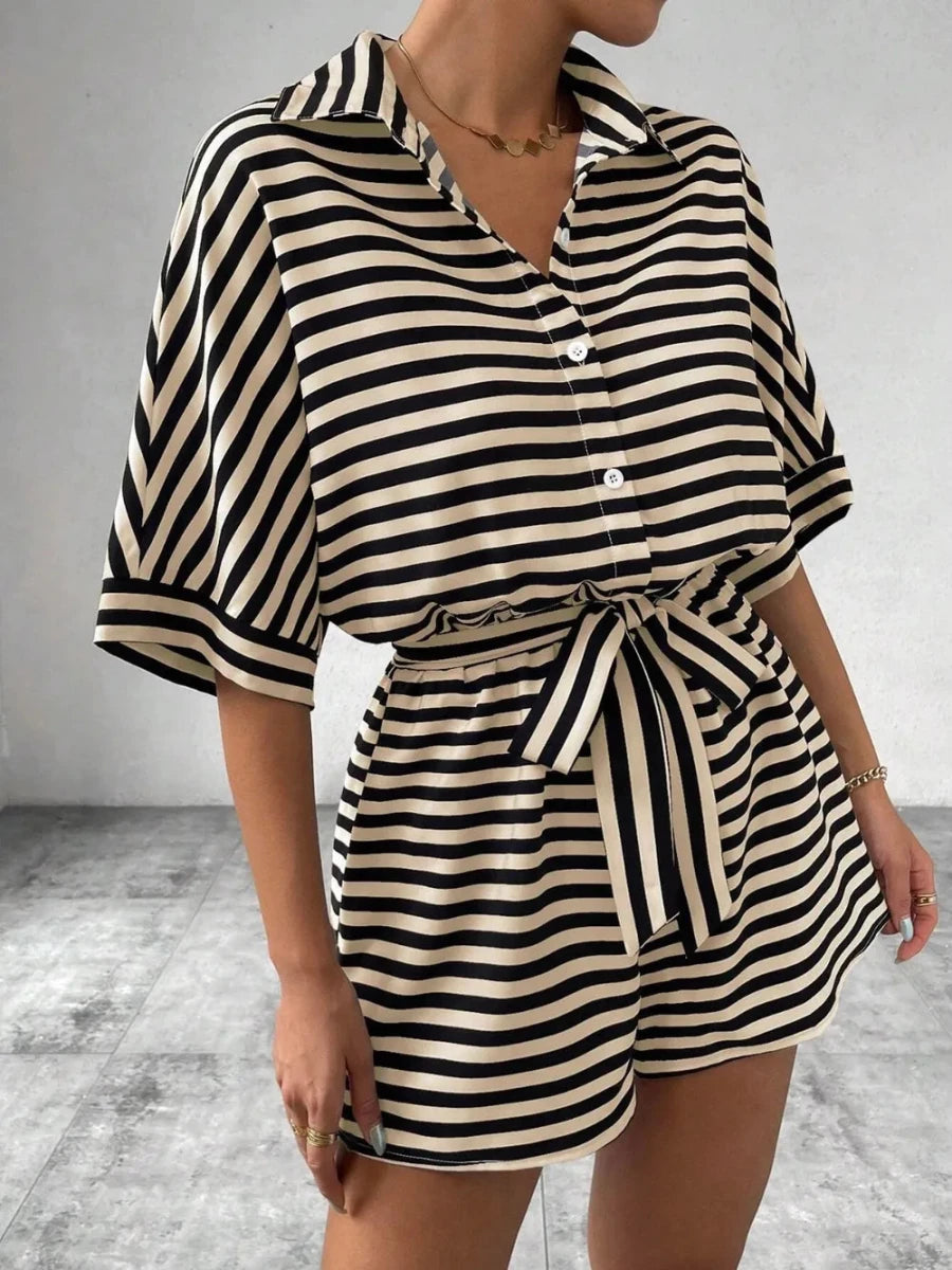 Tie Waist Half Button Striped Romper - Wow Store