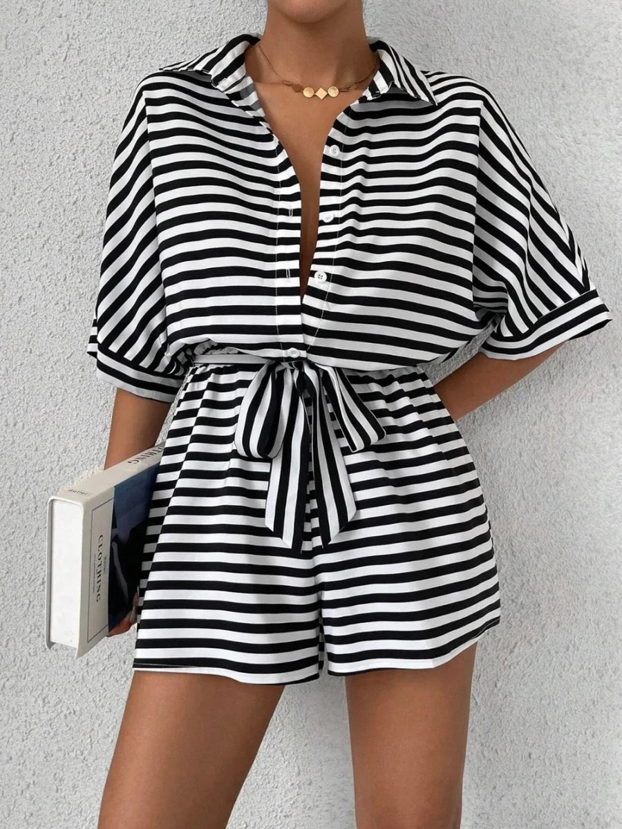 Tie Waist Half Button Striped Romper - Wow Store