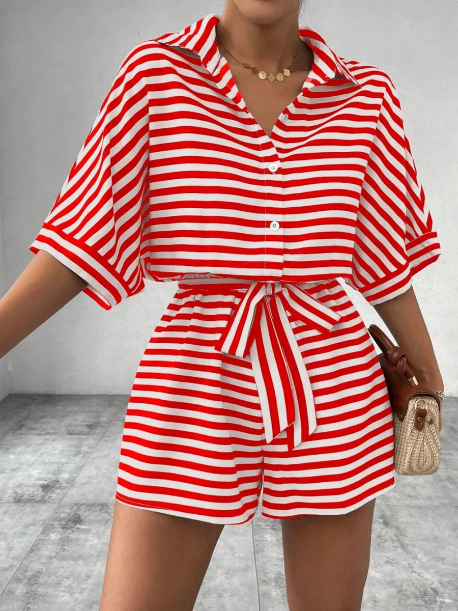 Tie Waist Half Button Striped Romper - Wow Store