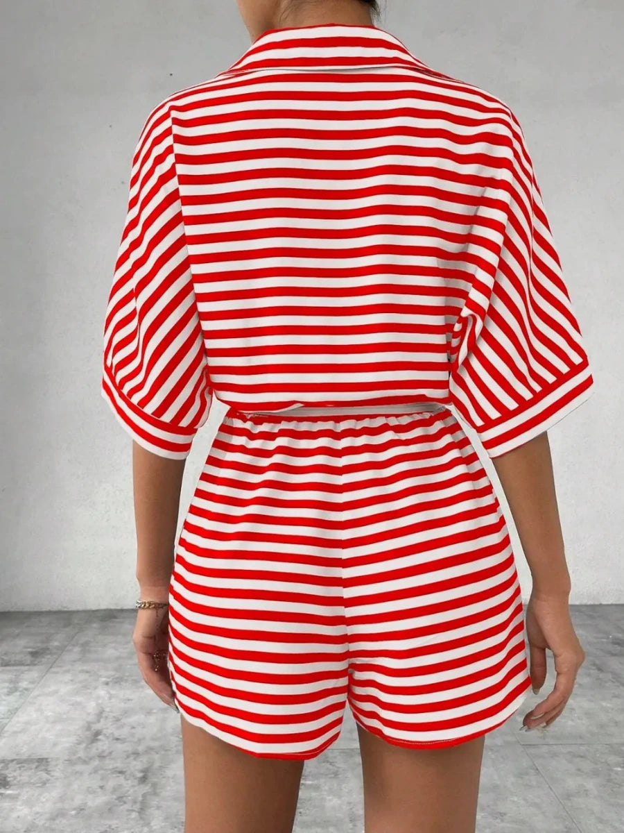 Tie Waist Half Button Striped Romper - Wow Store