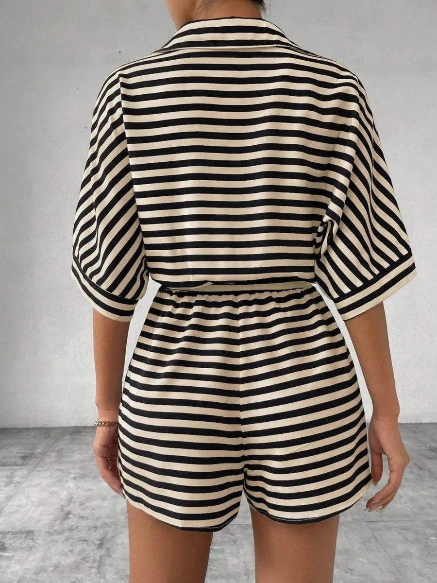 Tie Waist Half Button Striped Romper - Wow Store