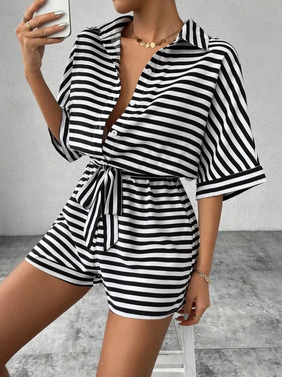 Tie Waist Half Button Striped Romper - Wow Store