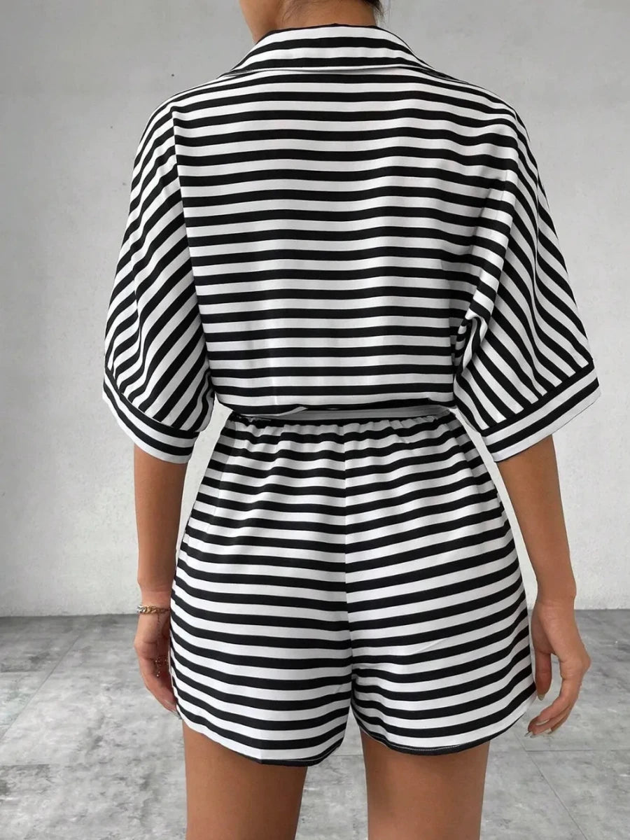 Tie Waist Half Button Striped Romper - Wow Store