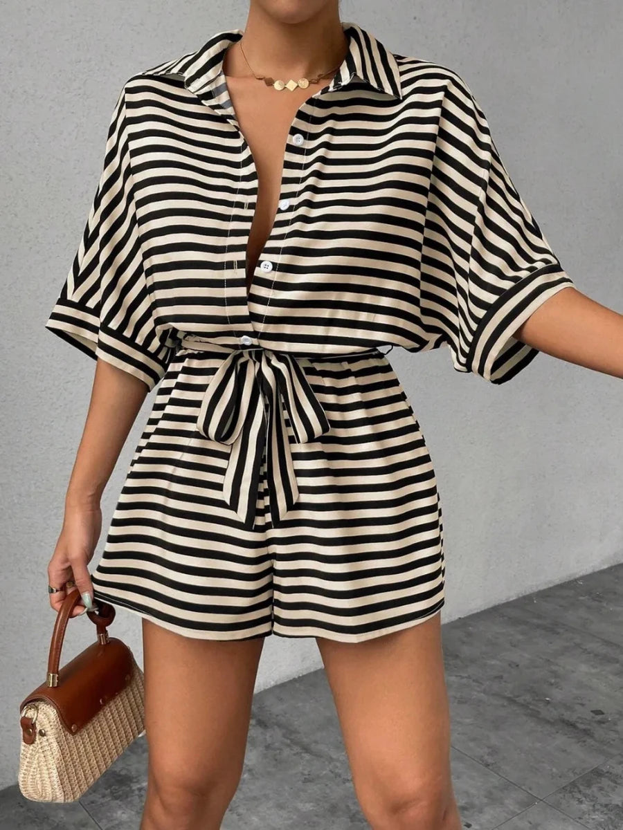 Tie Waist Half Button Striped Romper - Wow Store