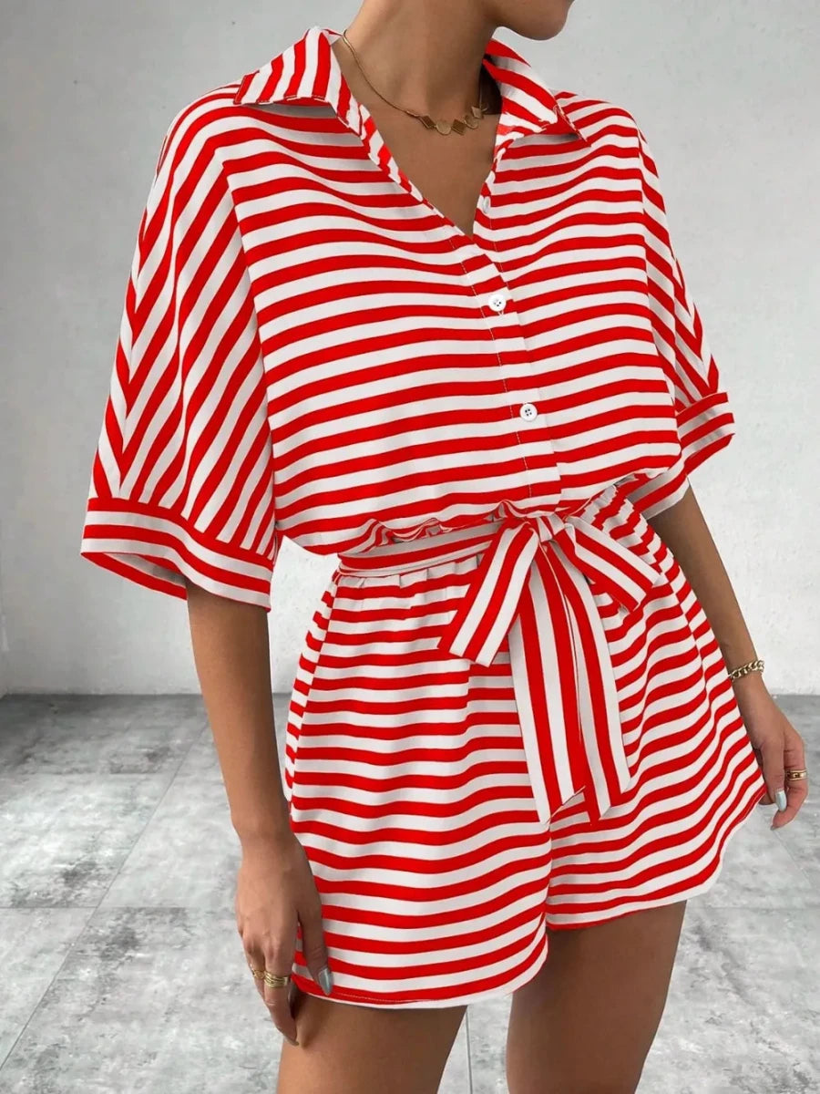 Tie Waist Half Button Striped Romper - Wow Store