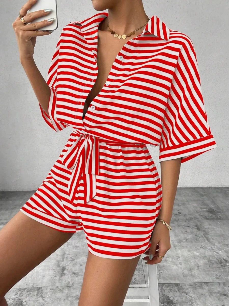 Tie Waist Half Button Striped Romper - Wow Store