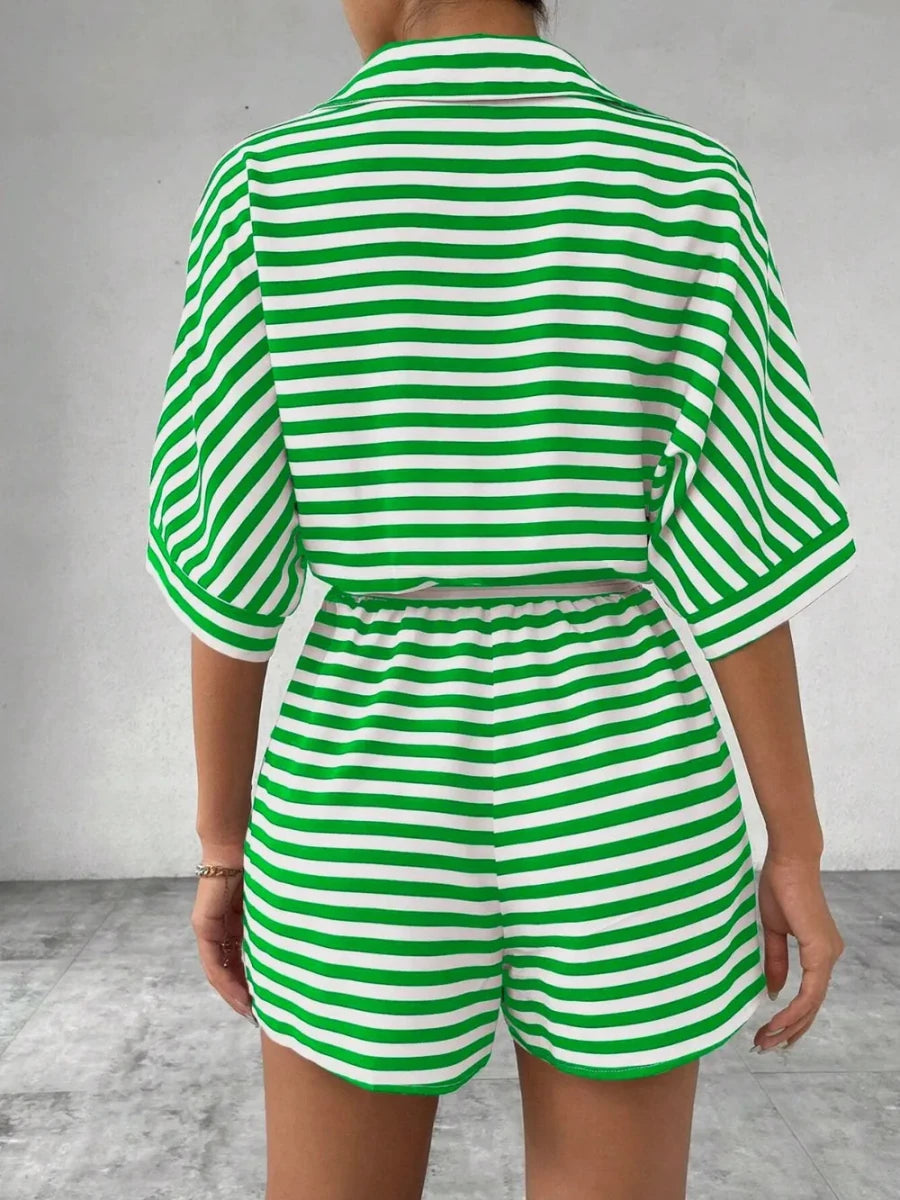 Tie Waist Half Button Striped Romper - Wow Store