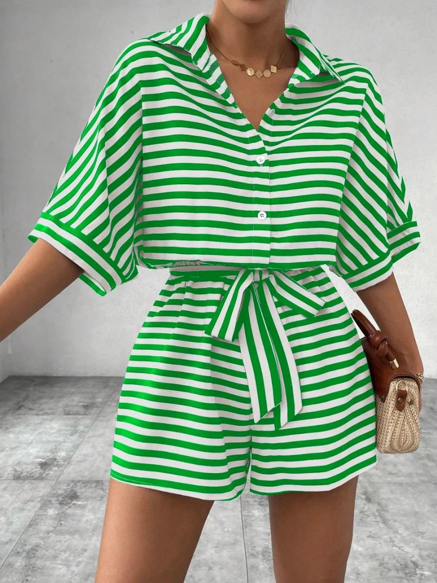 Tie Waist Half Button Striped Romper - Wow Store