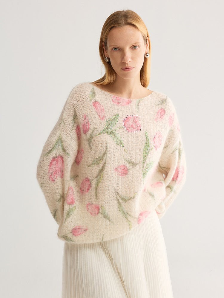Tulip and floral print fuzzy knit jumper, wide neck, cream with pink flowers, front view on model, loose fit, studio