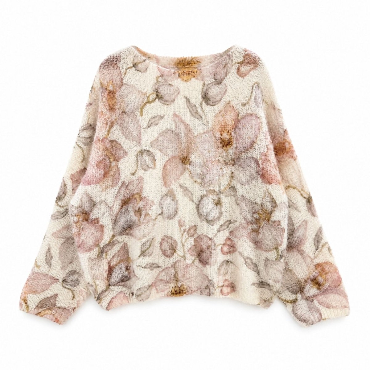 Tulip and Floral Print Fuzzy Knit Jumper, Wide Neck — view 3