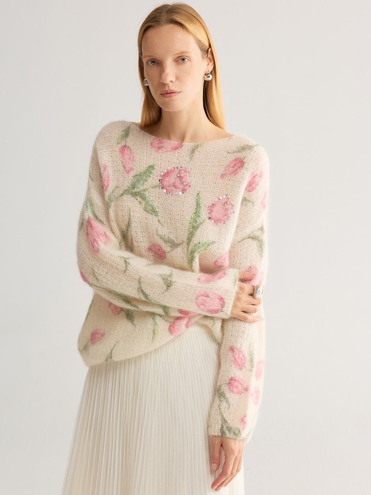 Tulip and floral print fuzzy knit jumper, wide neck, cream with pink flowers, worn by model, front view, studio setting