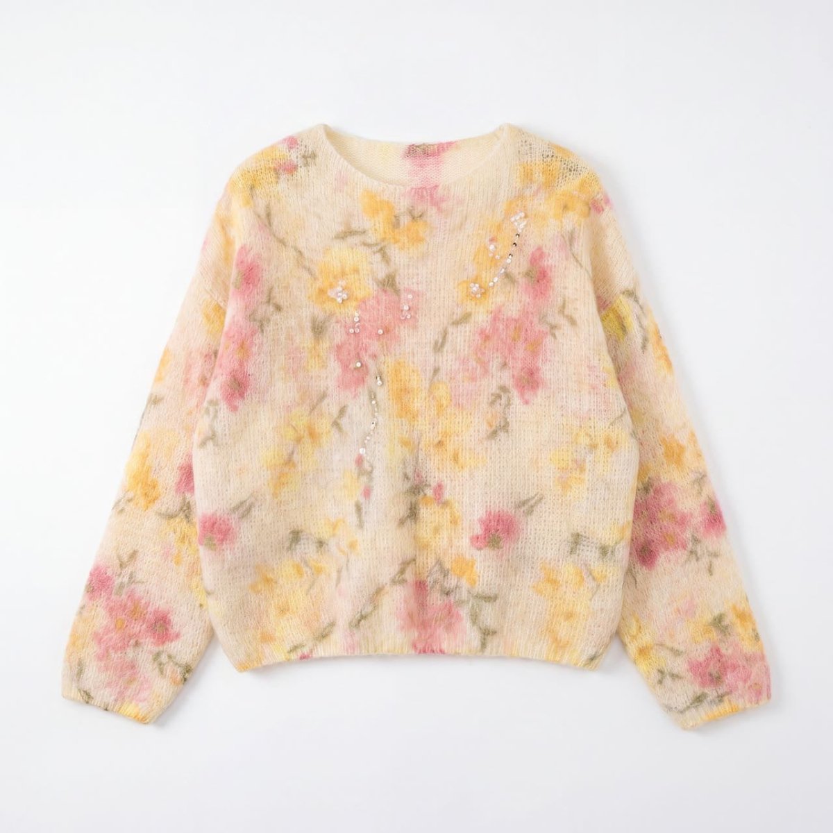 Tulip and Floral Print Fuzzy Knit Jumper, Wide Neck — view 2