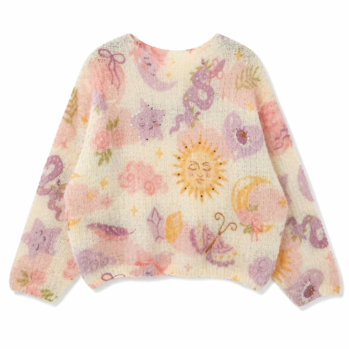 Tulip and Floral Print Fuzzy Knit Jumper, Wide Neck — view 4