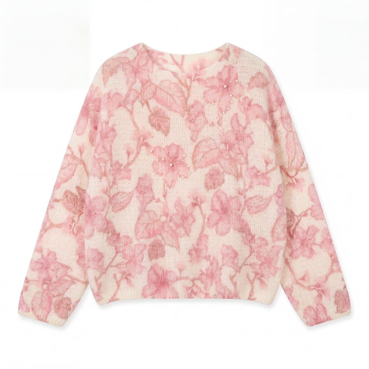 Tulip and Floral Print Fuzzy Knit Jumper, Wide Neck