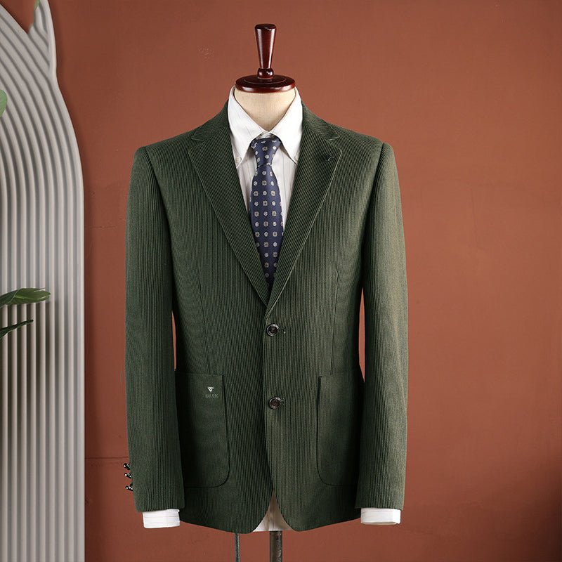 Green blazer buttoned, front view, with patch pockets