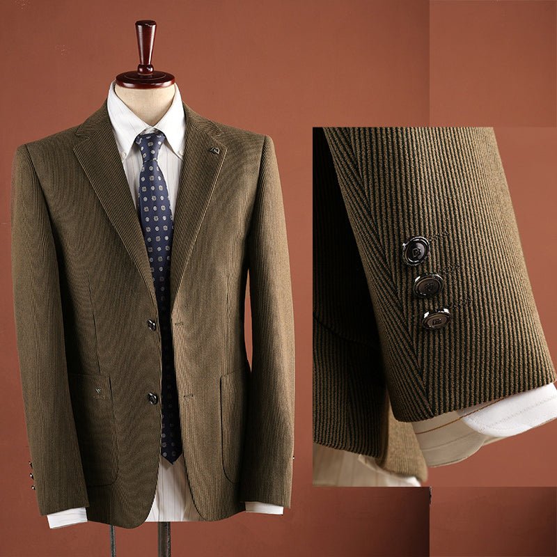 Coffee brown blazer worn open, with a close-up of three buttons on the sleeve cuff