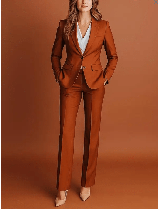 Two-piece trouser suit in caramel, single-breasted blazer with flap pockets, straight-leg trousers, worn by model on solid