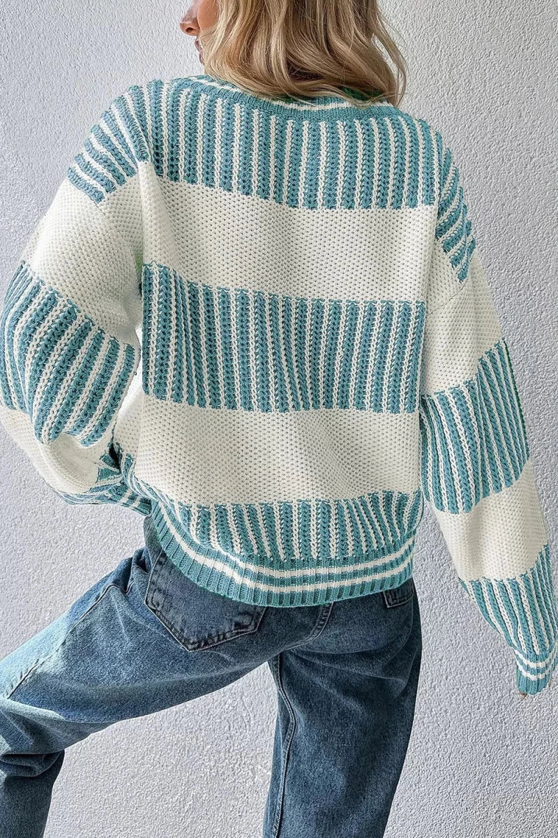 Two Tone Striped Patchwork Drop Shoulder Loose Sweater - Wow Store