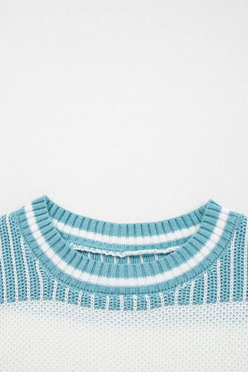Two Tone Striped Patchwork Drop Shoulder Loose Sweater - Wow Store